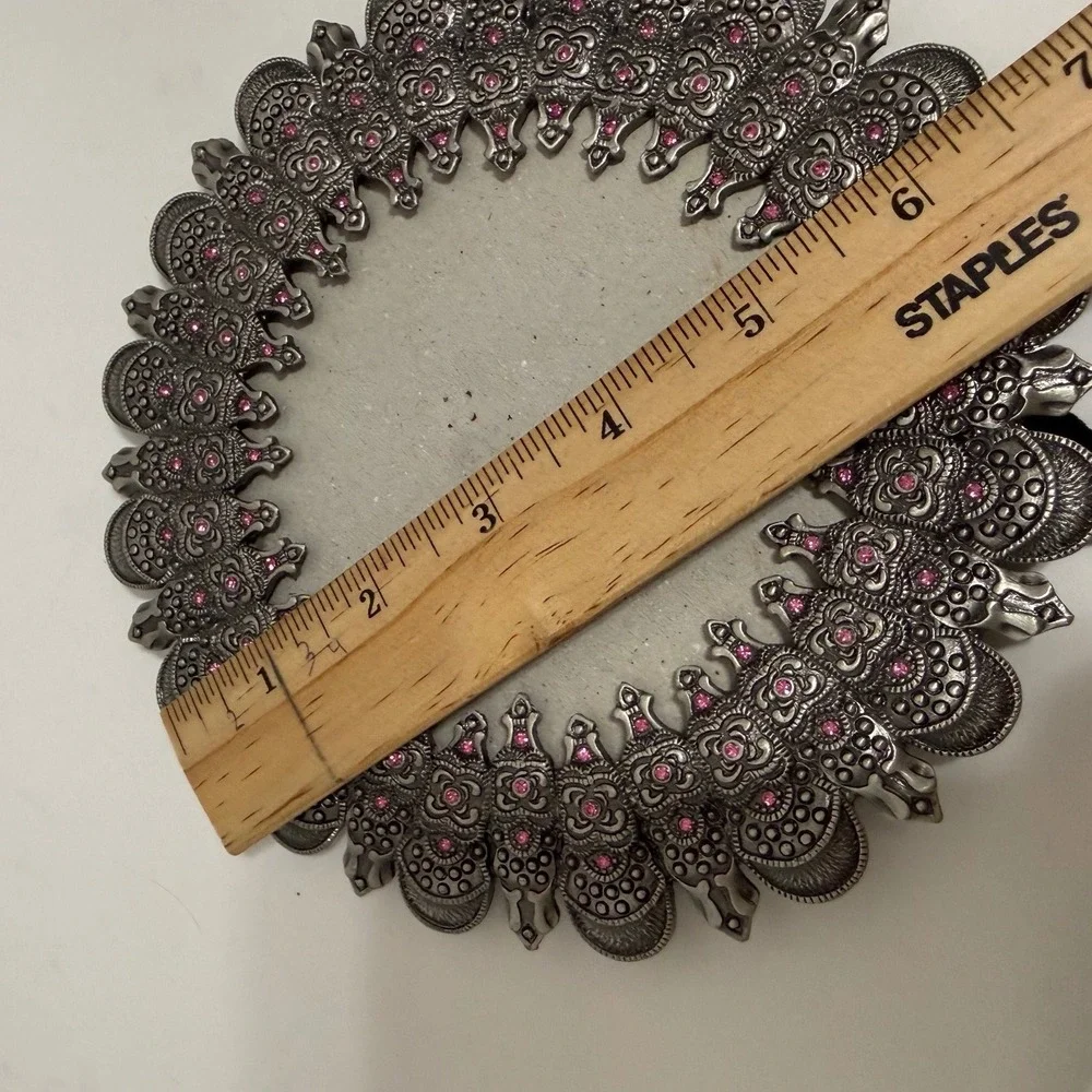 Vintage Style Round Pewter Tone Metal Picture Frame Pink Rhinestone Ornate